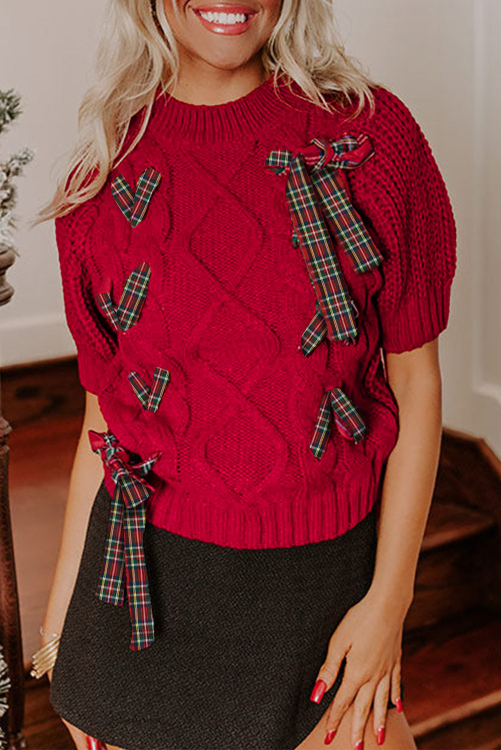 Fiery Red Plaid Lace-up Detail Christmas Holiday Puff Short Sleeve Sweater