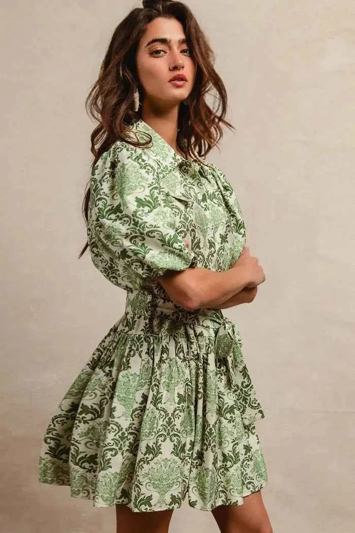 BiBi Tied Floral Short Sleeve Mini Shirt Dress 0c344c880bb0455bac3935635da3b02c-Max-Origin