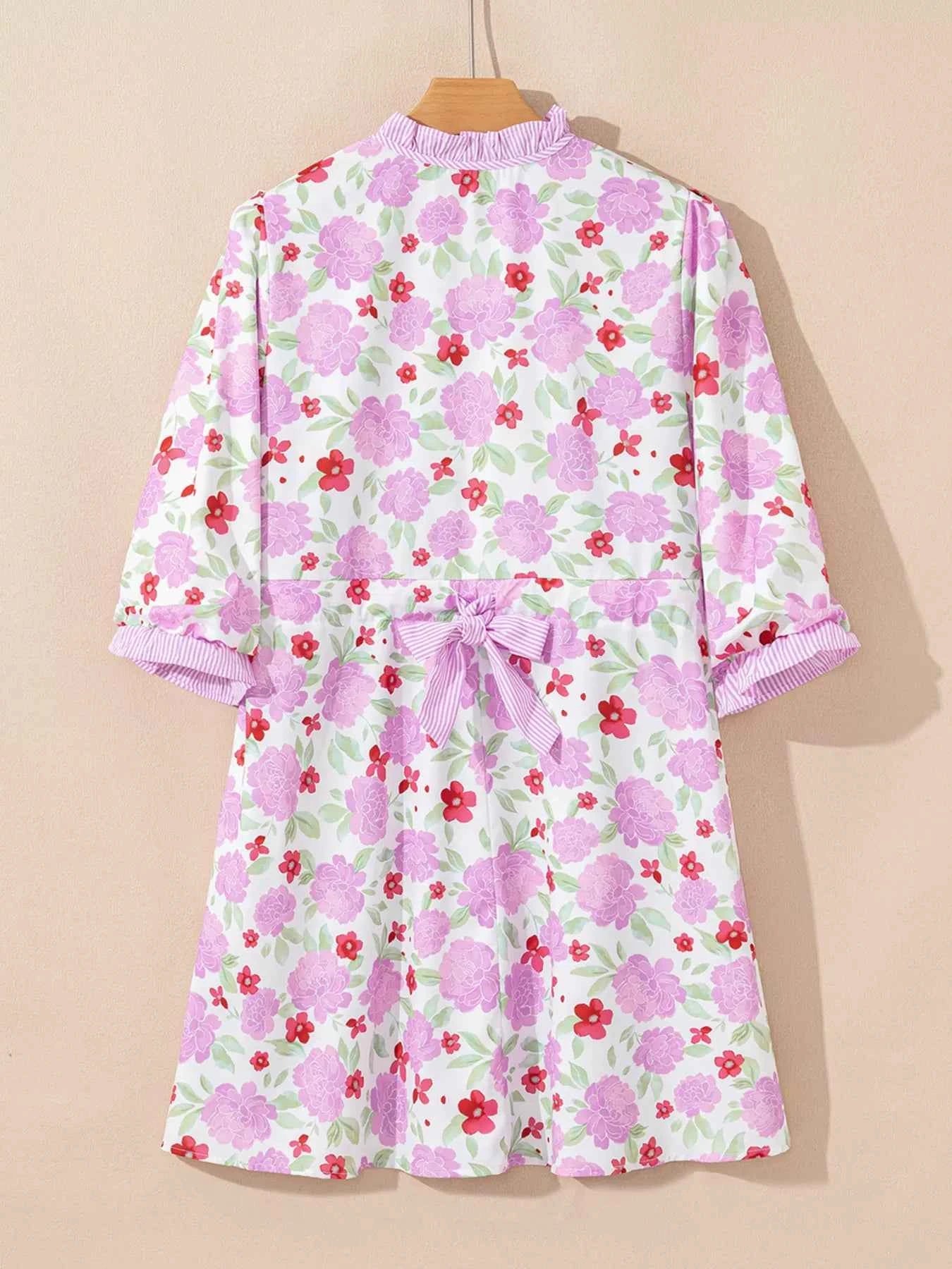 Floral Print Striped Trim Frilled Neck 3/4 Sleeve Flared Mini Dress 0c367be05692421bba4d74278f8d1c2f-Max-Origin