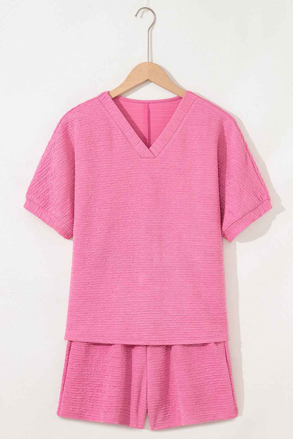 Pink Textured V Neck T Shirt and Shorts Set 0c57ccb06a4df1c1