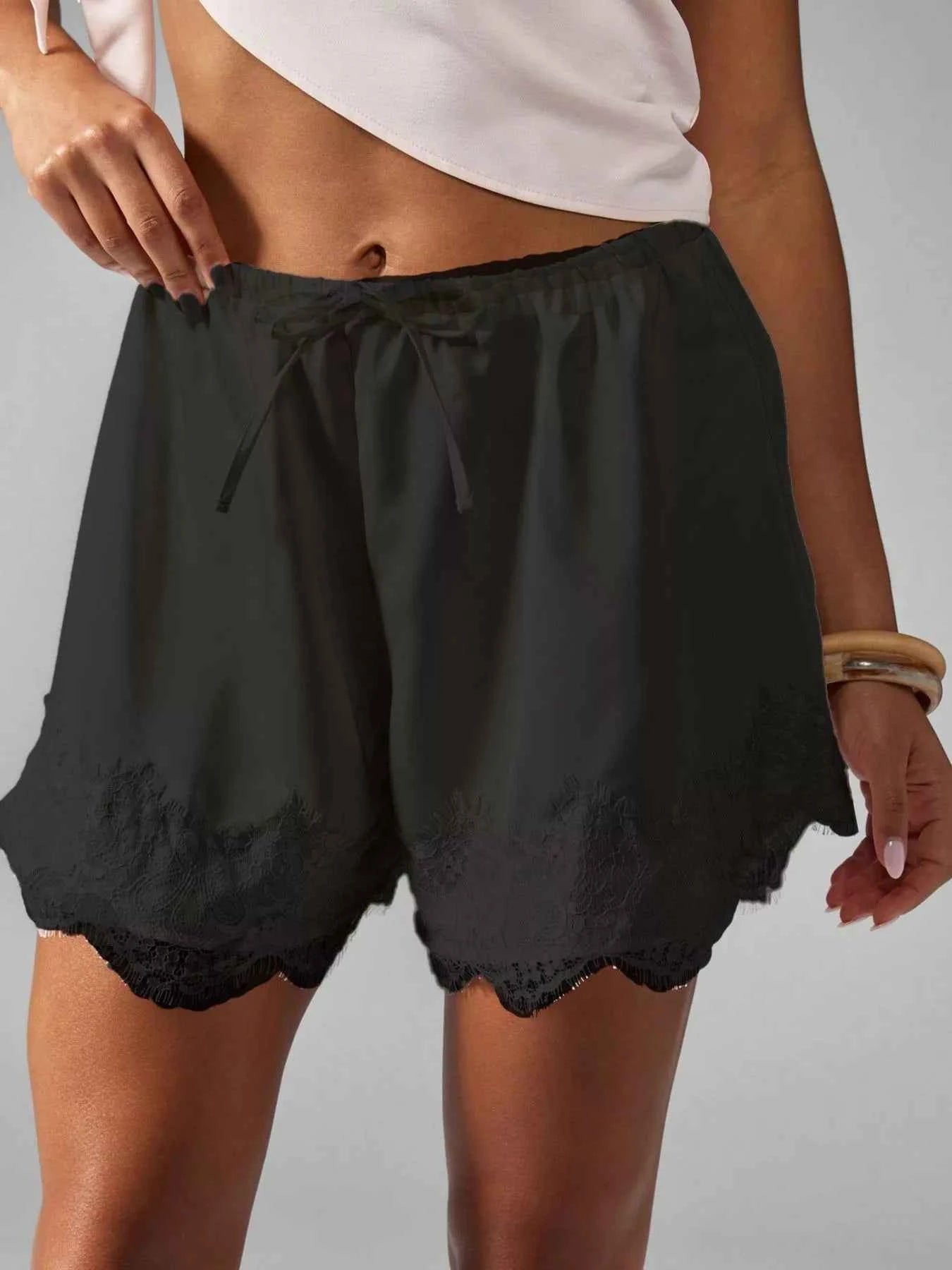 Lace Trim Drawstring Casual Shorts Black 0c5a85c5-2177-4bb8-85ed-9aec2b291632-Max-Origin