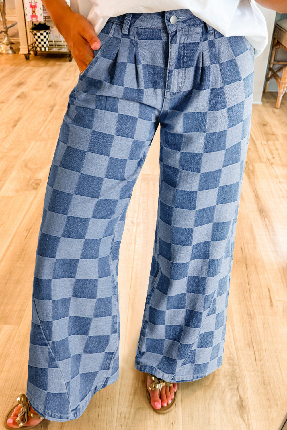 Dusk Blue Checkered Light Washed Wide Leg Jeans 0c68fa1369a8d8e5