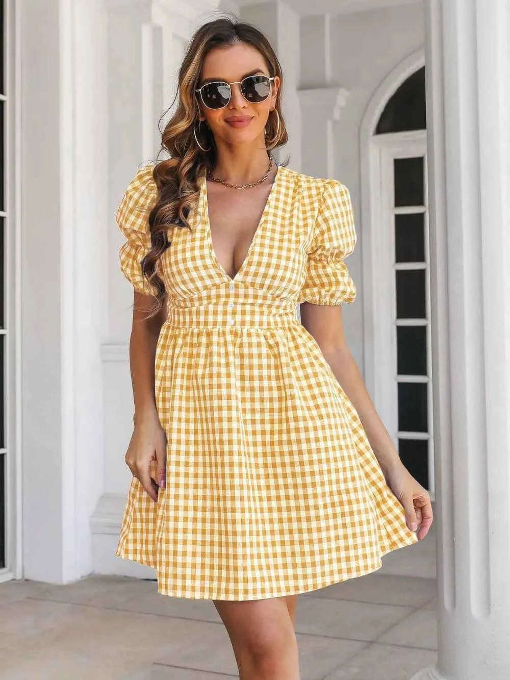 Decorative Button Plaid Short Sleeve Dress 0c72dc96-caeb-42a6-92cd-55afe487cc13-Max