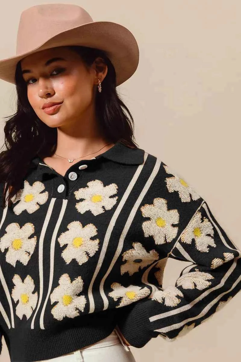 SO ME Floral Stripe Polo Collar Sweater BLACK IVORY 0c75795f403c4fffb3fa1ca351a23ae3-Max-Origin