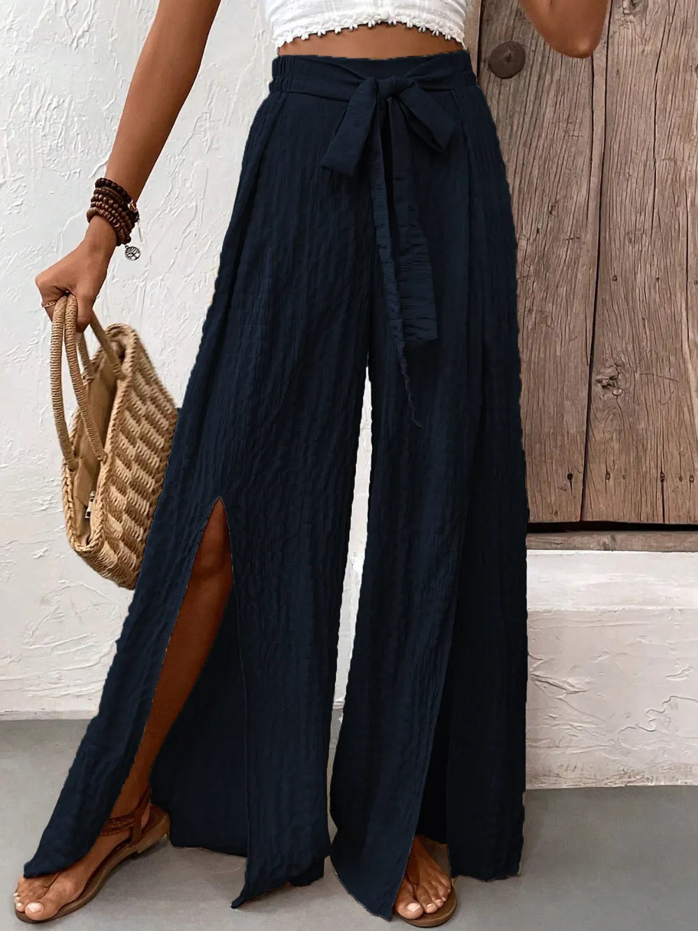 Honey Tied Slit Wide Leg Pants 0c7d7850-c94a-4369-8857-85c3275dd550-Max