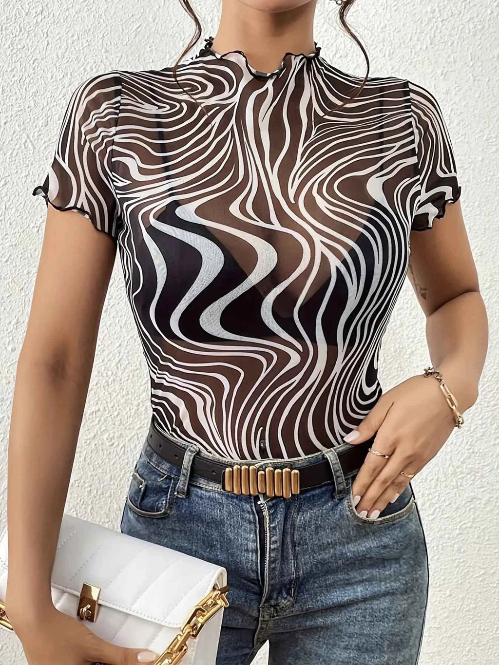 Psychedelic Wave Print Mock Neck T-Shirt 0c7ee8bc193f437388f6f58afc54699e-Max-Origin