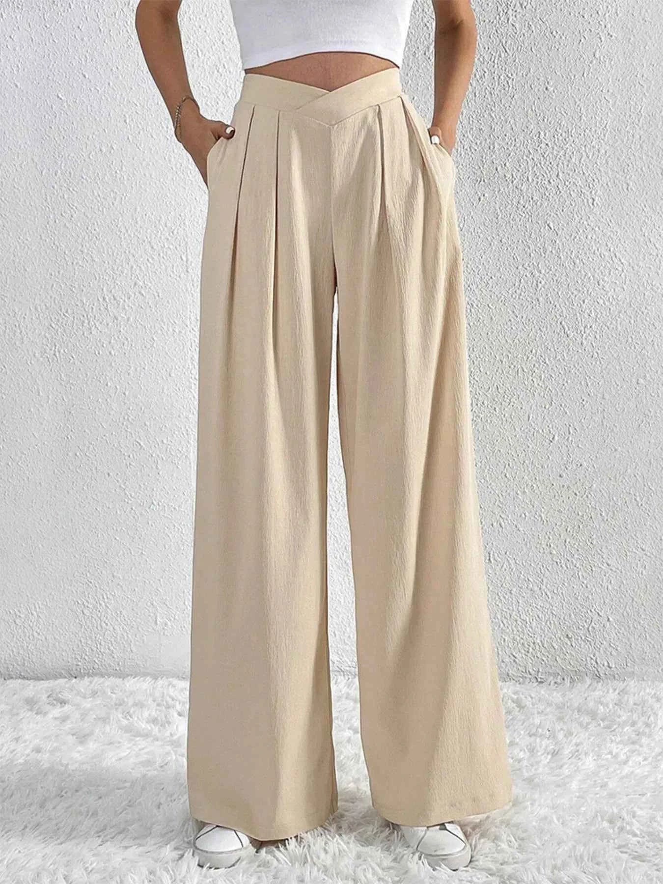 V-Waisted Ruched Front Wide Leg Pants Beige 0c845998b0034fadb290e39df2354cb9-Max-Origin