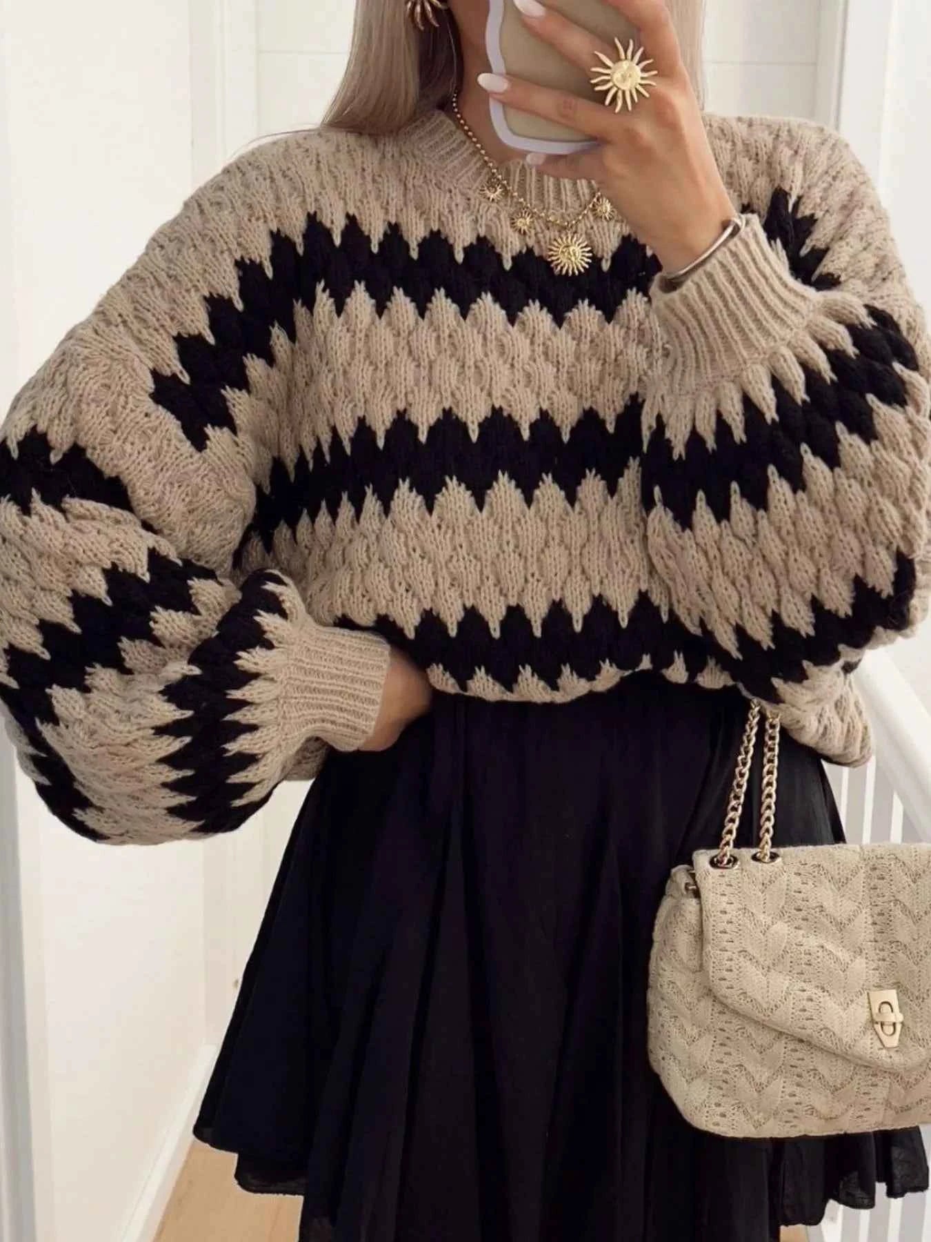 Striped Round Neck Dropped Shoulder Sweater Khaki 0c8d5d40-61e8-46d3-924a-ffe760bcbd2e-Max-Origin