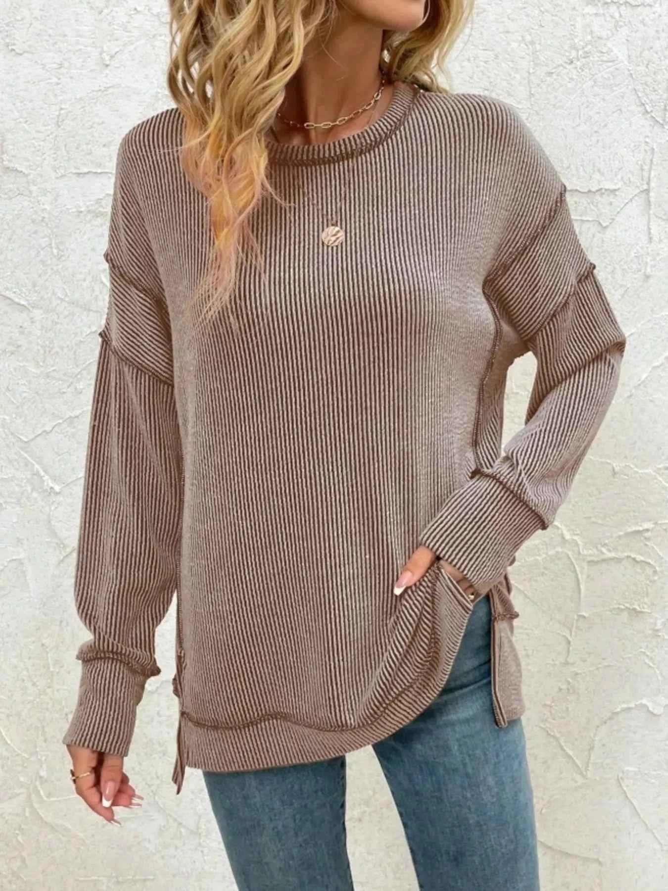 Side Slit Round Neck Dropped Shoulder Sweatshirt Khaki 0cadb4f2730e478592b3cd37739e96b8-Max-Origin
