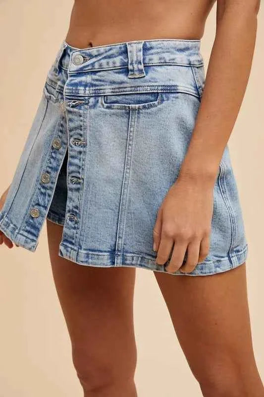 Annie Wear Button Detail Stretch Denim Wrap Mini Skort 0cade2943f264d4fb3d752a512d93d03-Max-Origin