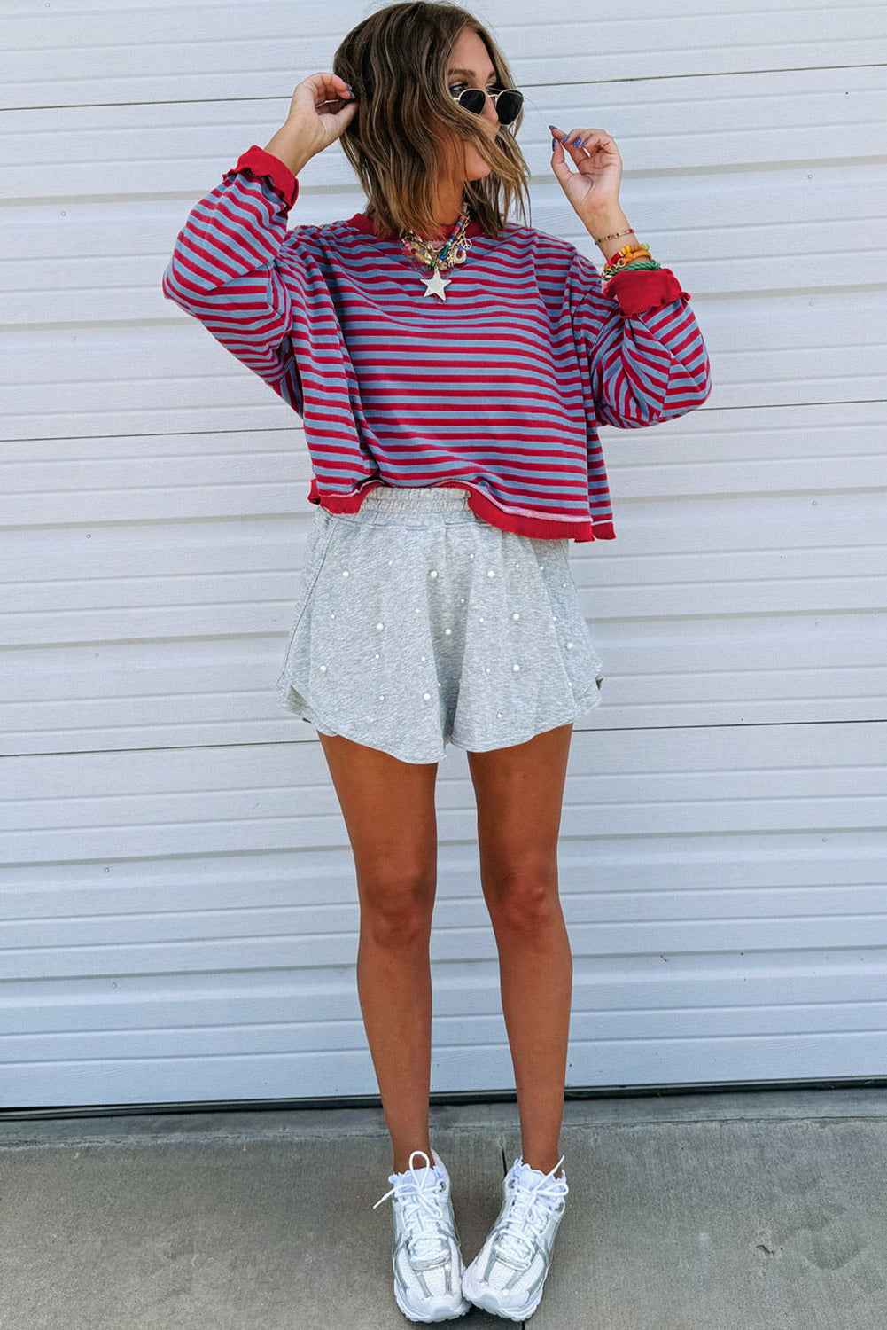 Red Stripe Exposed Seam Contrast Ribbed Trim Oversize Sweatshirt 0caf2636b9129dd1