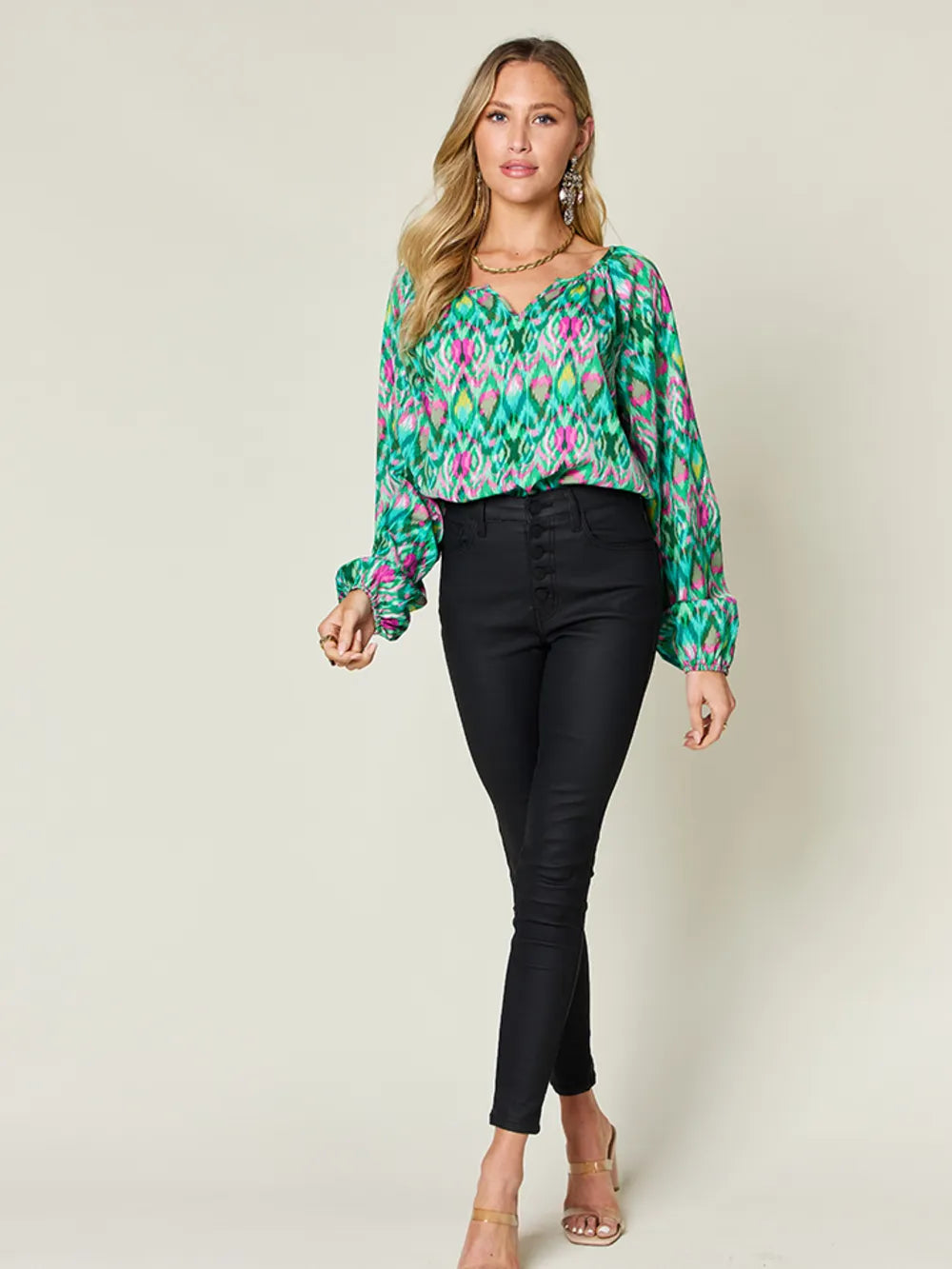 Double Take Full Size Printed Balloon Sleeve Blouse 0cd126f6-839f-4677-b935-84cb22d3583b-Max