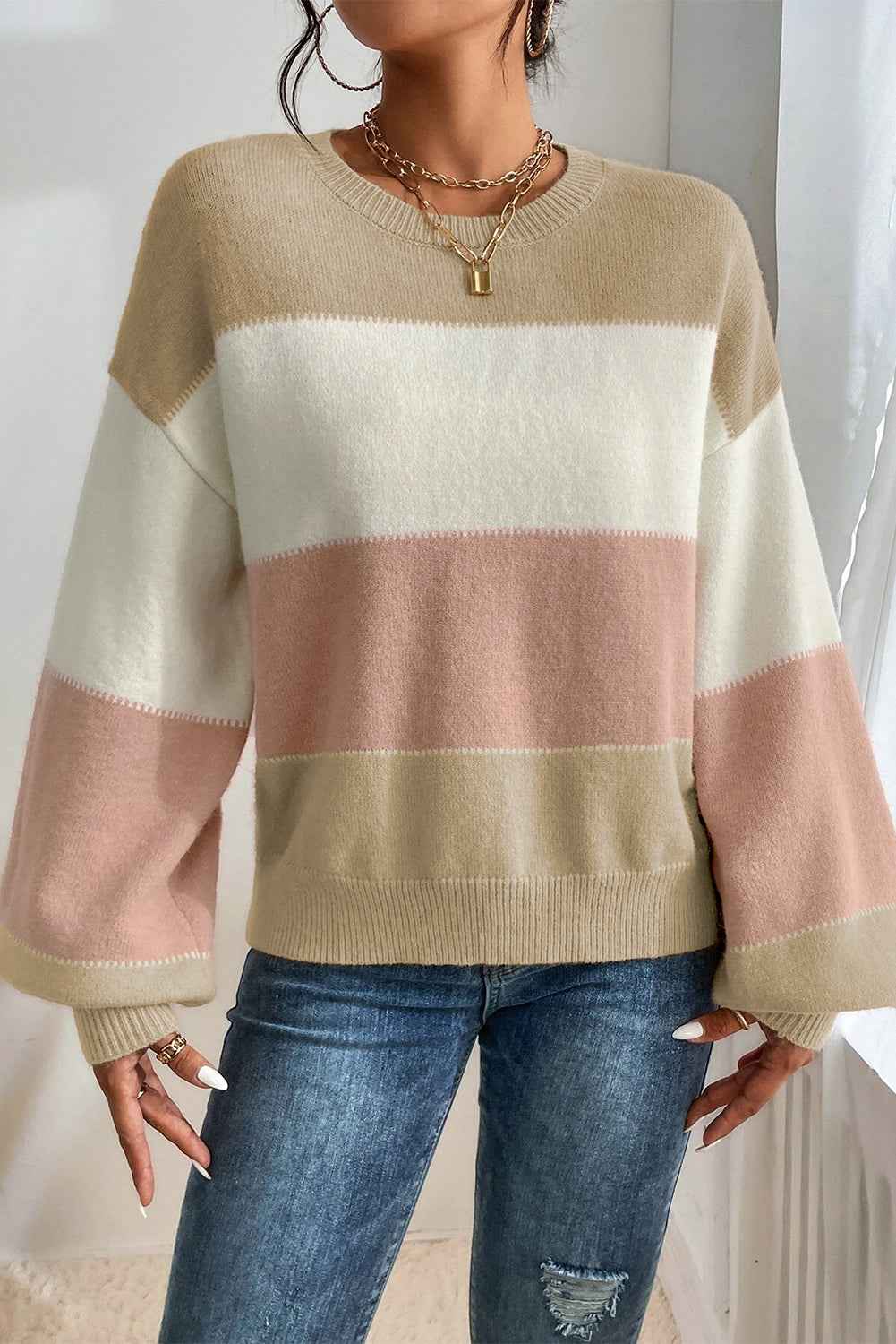 Dusty Pink Color Block Lantern Sleeve Drop Shoulder Sweater 0cd8309f2a354c7b