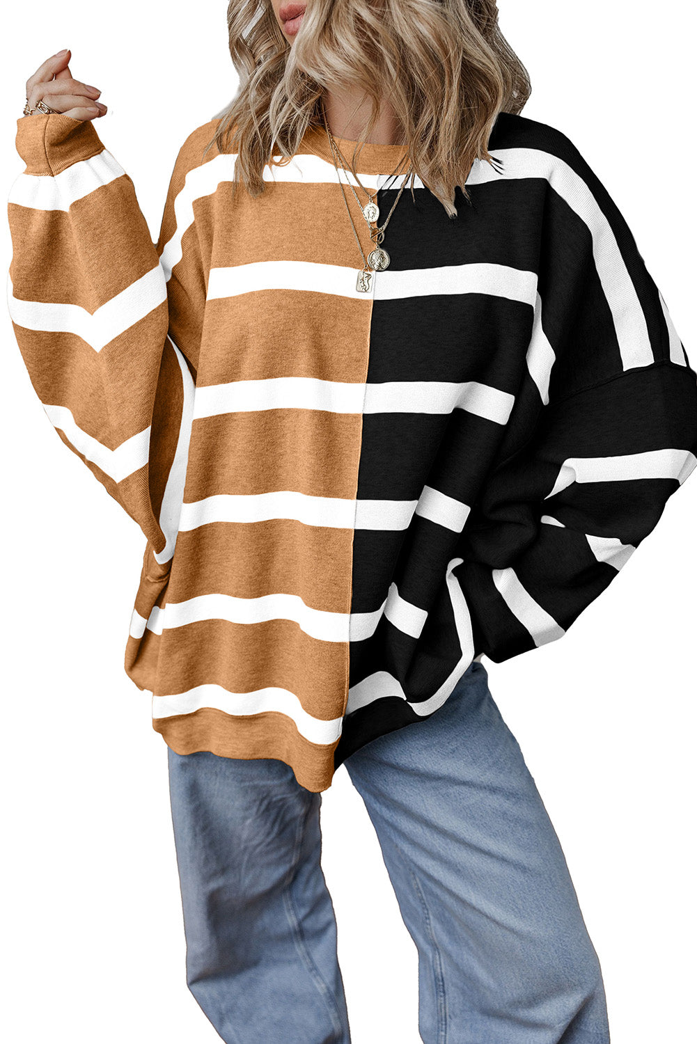 Blue Stripe Exposed Seam Patchwork Loose Sweatshirts 0cdc2729b5945167