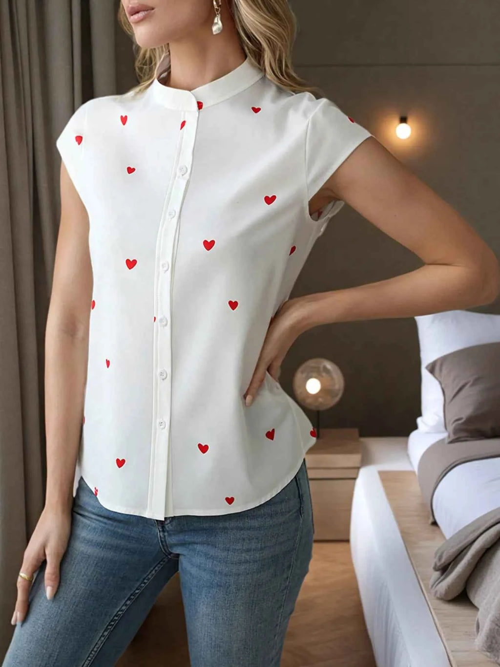 Heart Print Cap Sleeve Button-Up Shirt White 0cf879efe3634befa01abff01a87b455-Max-Origin
