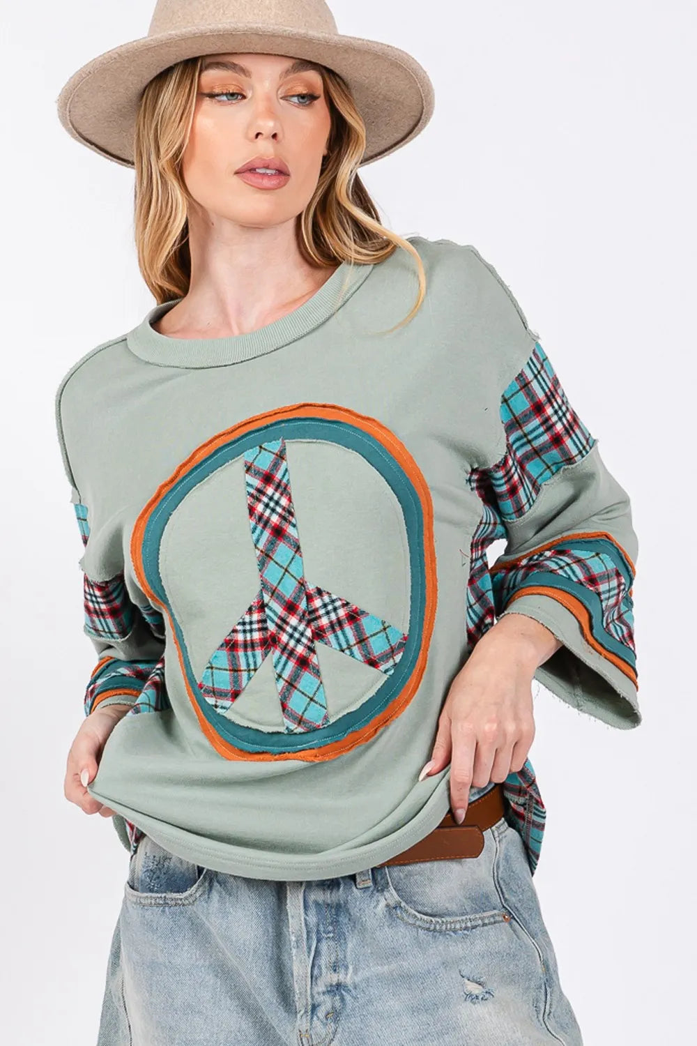 SAGE + FIG Peace Applique Patch Contrast Plaid Top 0d180d35-36e5-4413-8b28-650fa2e05103-Max