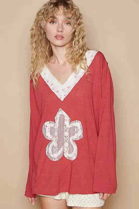 POL Lace Flower Patch Long Sleeve T-Shirt 0d23ad34-10ea-438f-8d32-cfb7466bbb07-Max-Origin