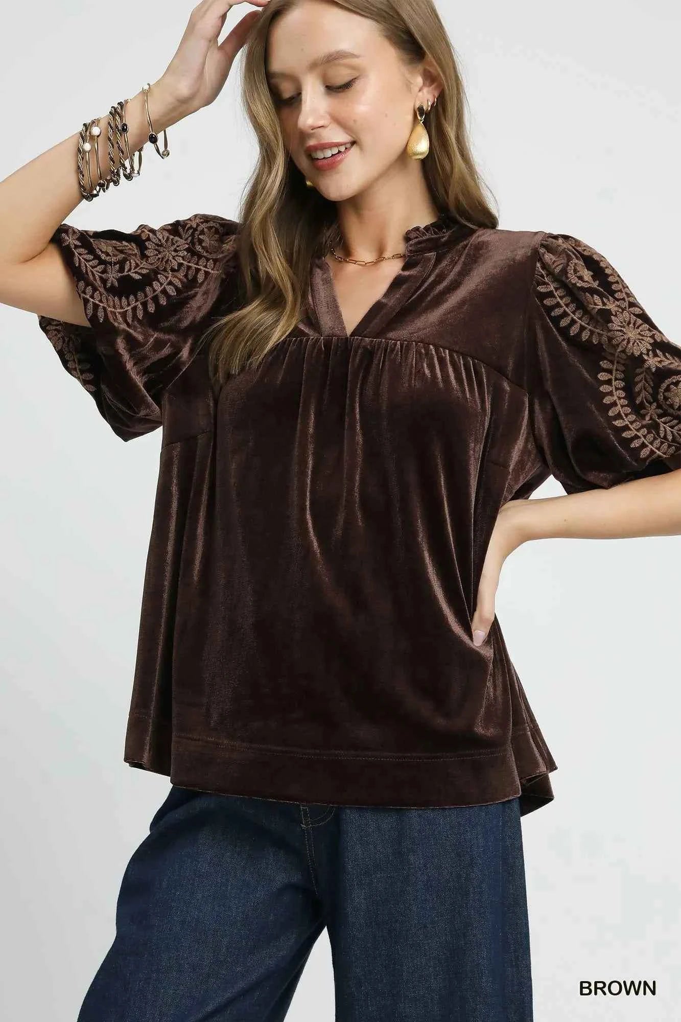 Umgee Full Size Velvet Embroidered Sleeve Blouse Plus Size Brown 0d2b95b0-6c6b-43df-aafd-ad8351589cc4-Max-Origin