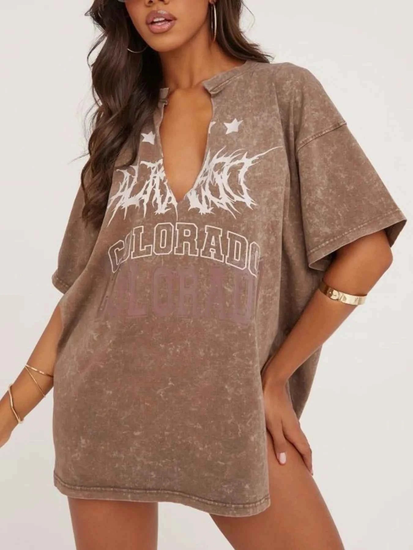 Side Slit Letter Graphic Oversize T-Shirt Taupe One Size 0d3b8a14-8449-4b52-9b44-c015fc75f30b-Max-Origin
