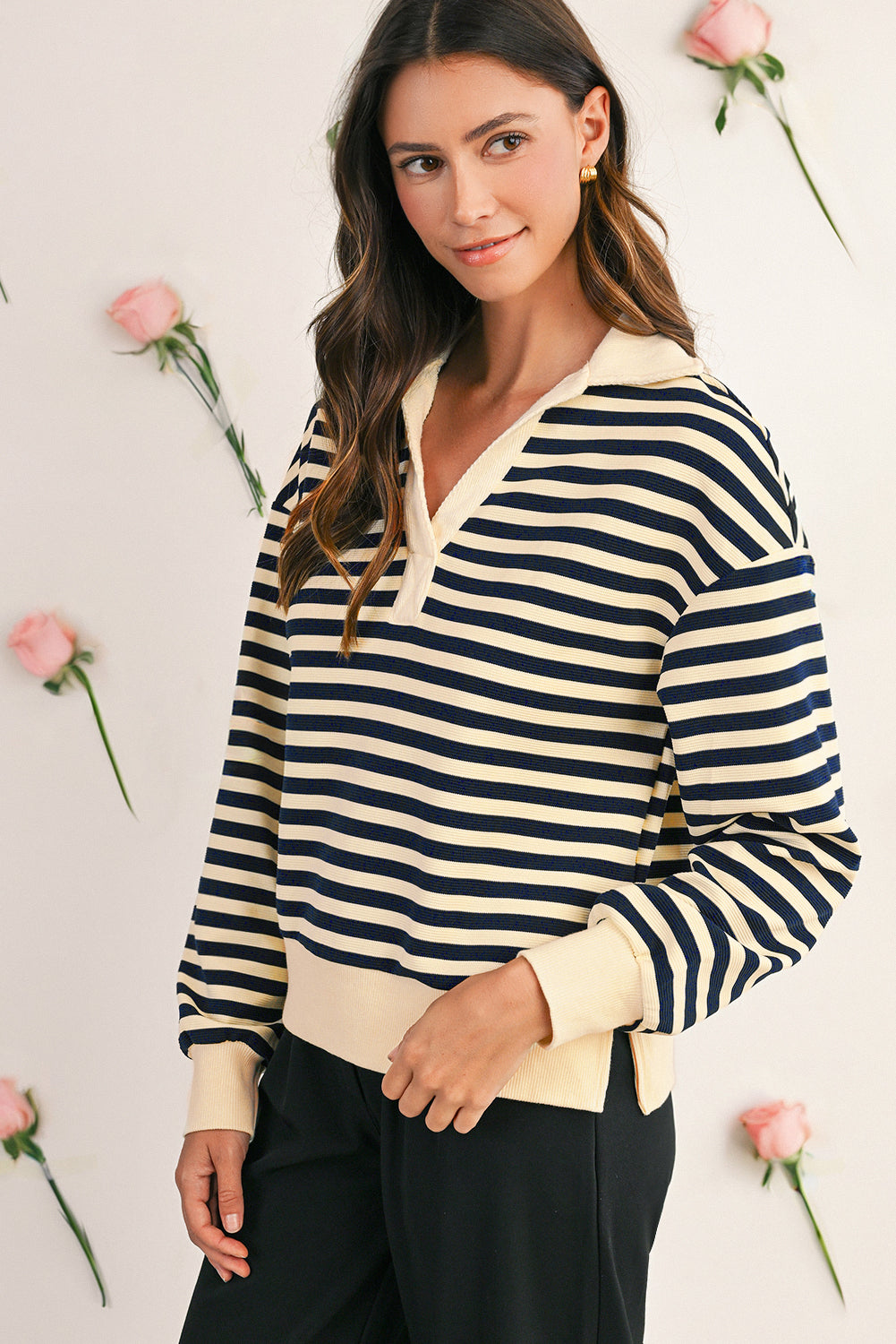 Blue Striped Long Sleeve V Neck Top 0d4d2dd3d5111224