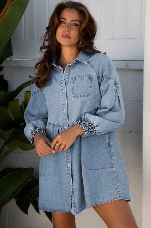 Denim Smocked Cuffs Shirt Mini Dress 0d519aee-a97c-4825-adf2-990209277bc7