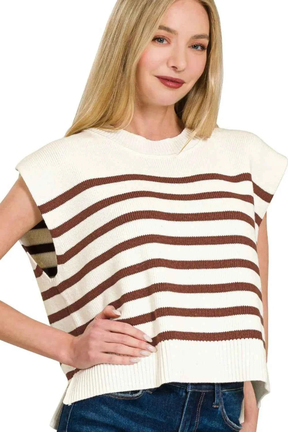 Zenana Oversized Crew Neck Stripe Sweater Vest BROWN 0d741eee-3e81-4951-81ea-15e77cca3e83-Max-Origin