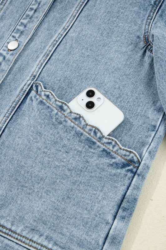 Solid Denim Scallop Collar Patch Pocket Buttoned J 0d7e4802-5288-4f35-a985-e537d26d44a3