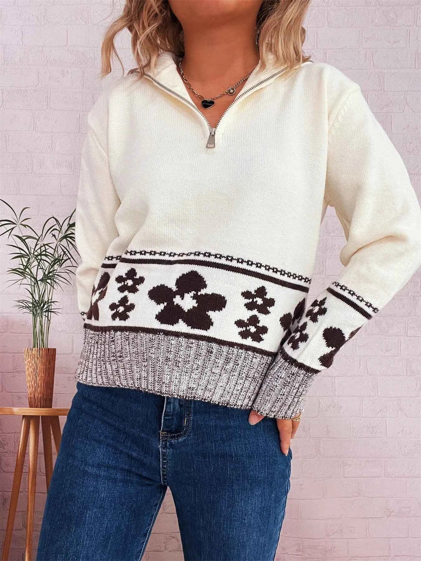 Flower Zip Collar Long Sleeve Sweater White One Size 0d922936027e44bda3b2de3206aa0c30-Max-Origin