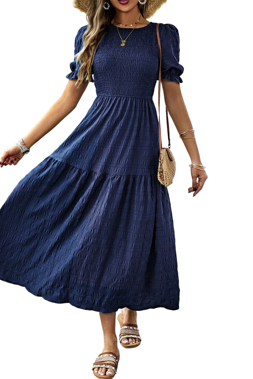 Sail Blue Solid Textured Smocked High Waist Midi Dress 0d99aa4b1188ff89