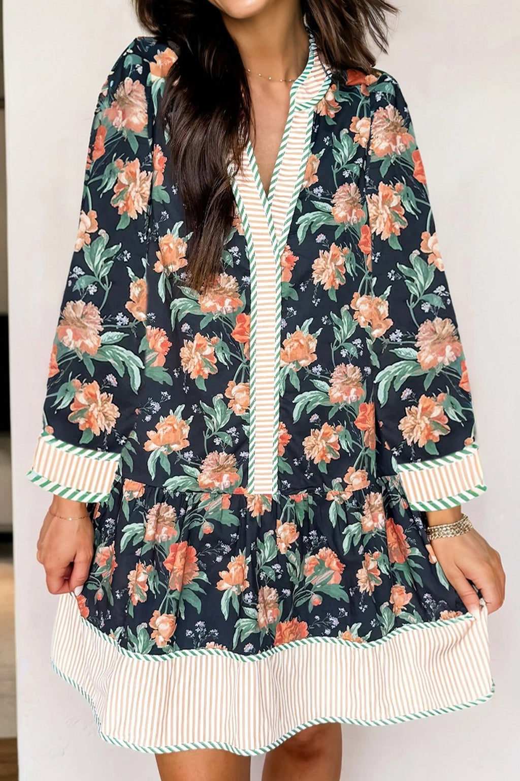 Blue Floral Print Striped Trim V Neck Long Sleeve Ruffle Hem Shift Mini Dress 0db352a4b5c0507e