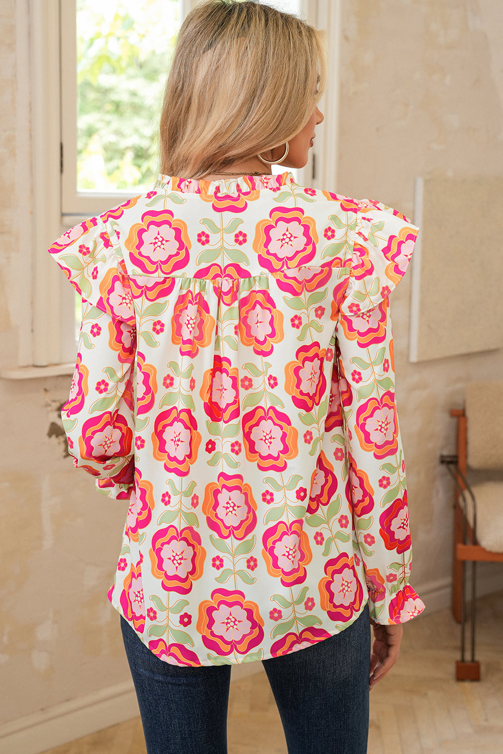 Rose Floral V Neck Ricrac Trim Ruffle Long Sleeve Blouse 0dbd921d03da04a9