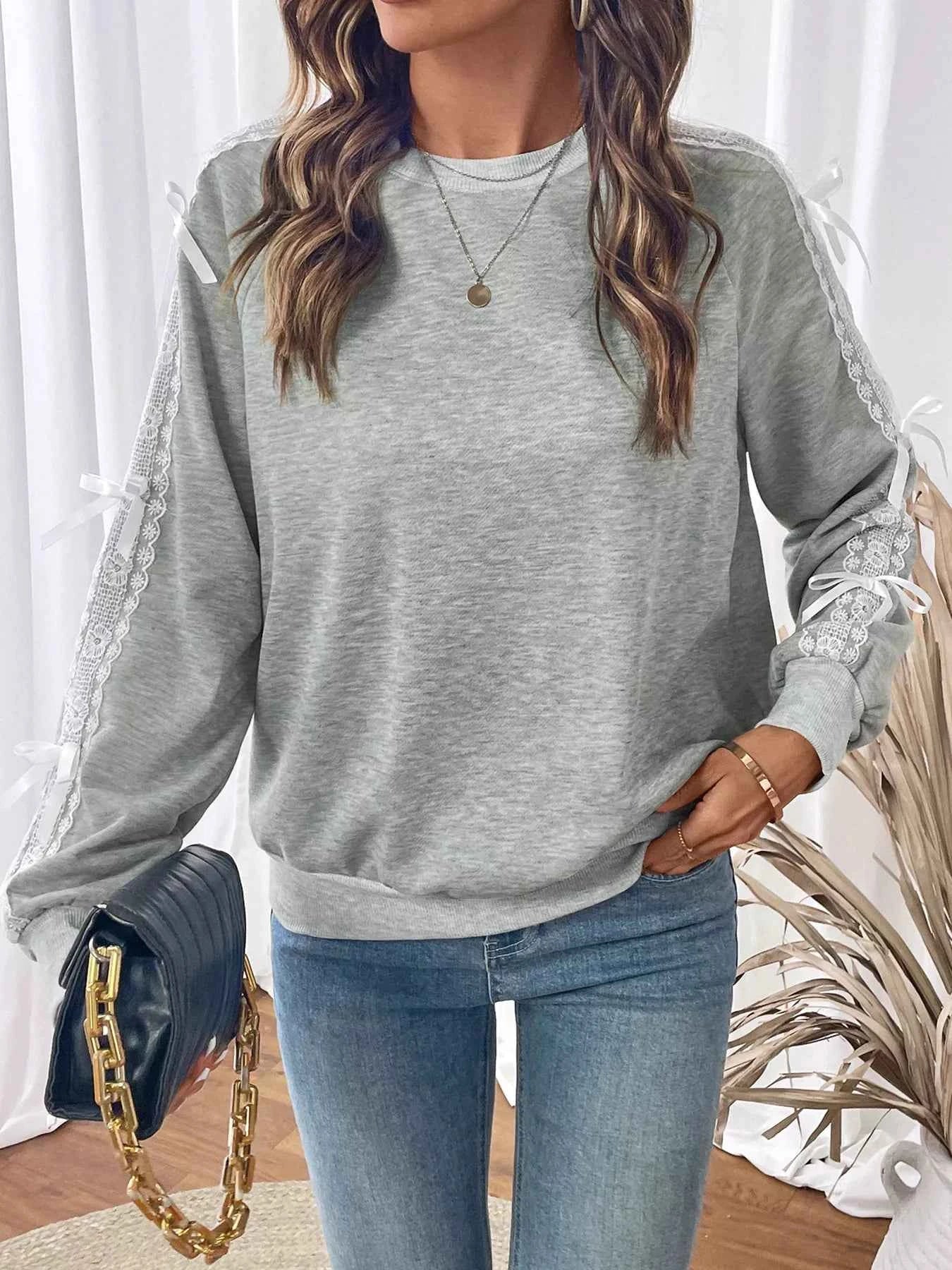Lace Detail Round Neck Sweatshirt 0e158269343b4f1b86f8292122213766-Max-Origin