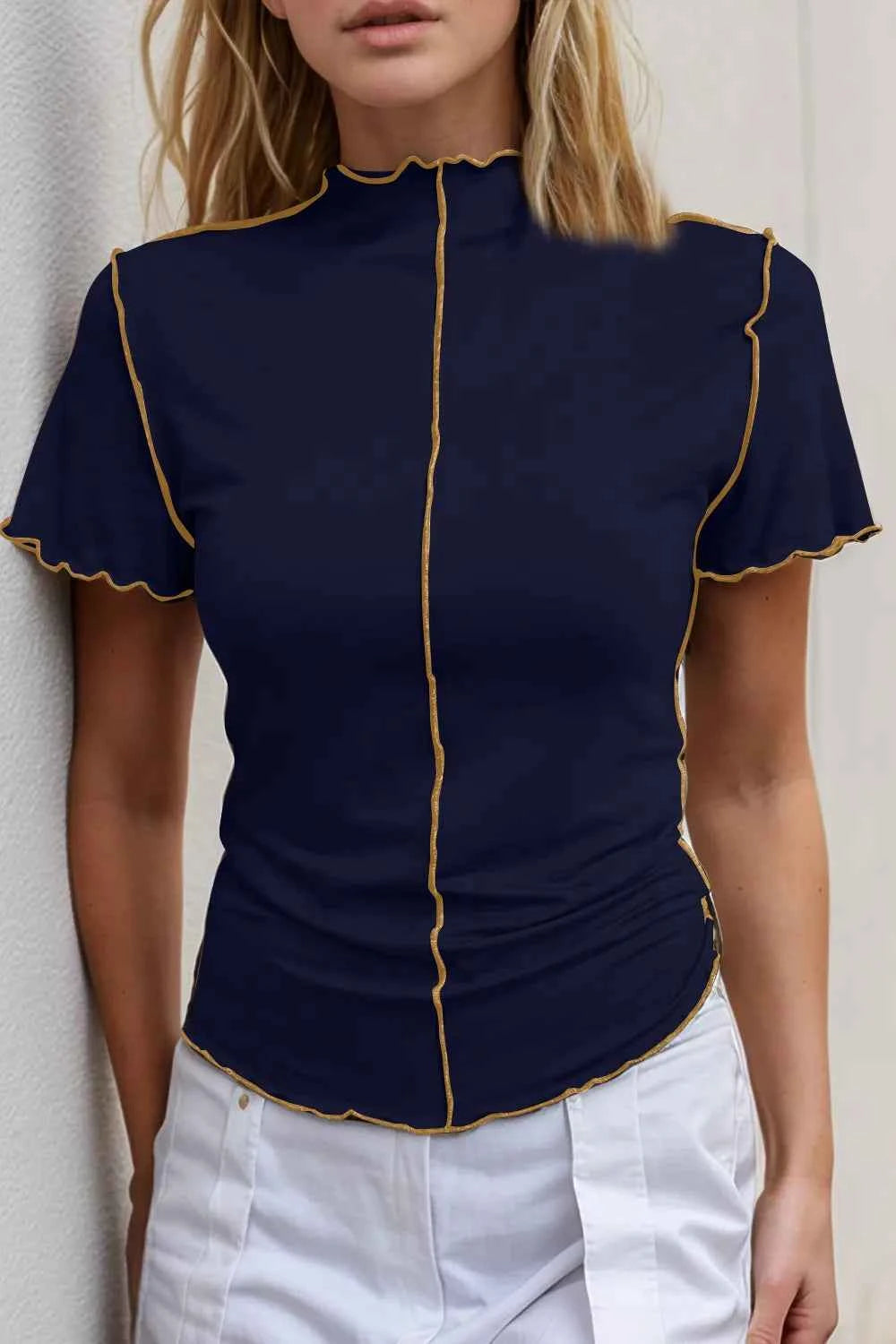 Basic Bae Contrast Trim Mock Neck Short Sleeve T-Shirt Dark Navy 0e1876c9-08dd-47ec-bf53-5258b40ca6f7-Max