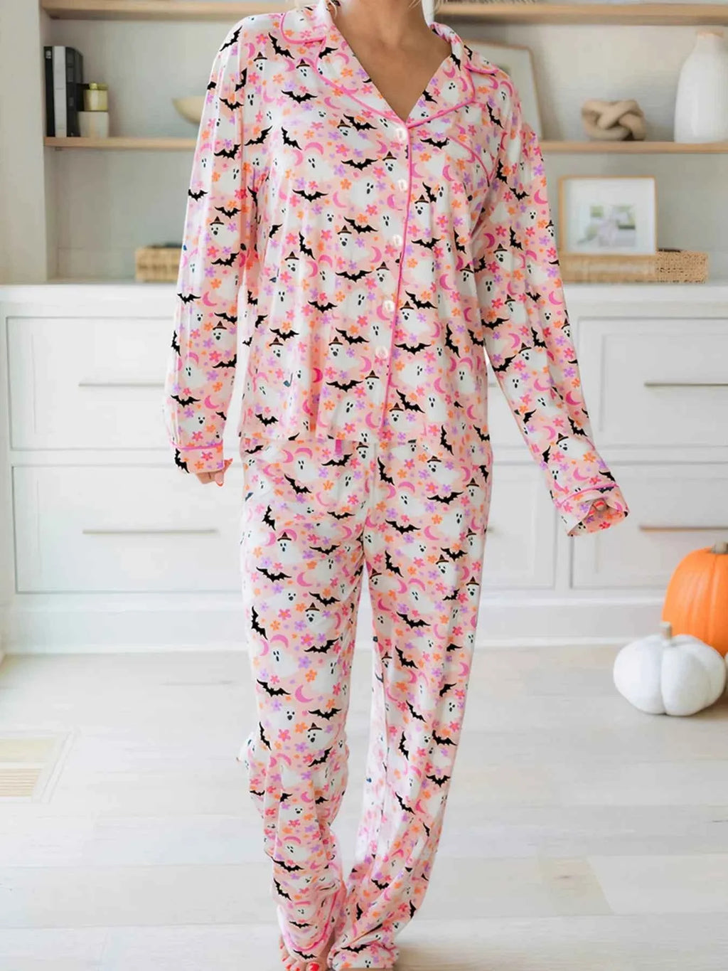 Halloween Ghost Print Button Up Top and Pants Lounge Set Dusty Pink 0e3035a9451146e4821e5089fcdc29eb-Max-Origin