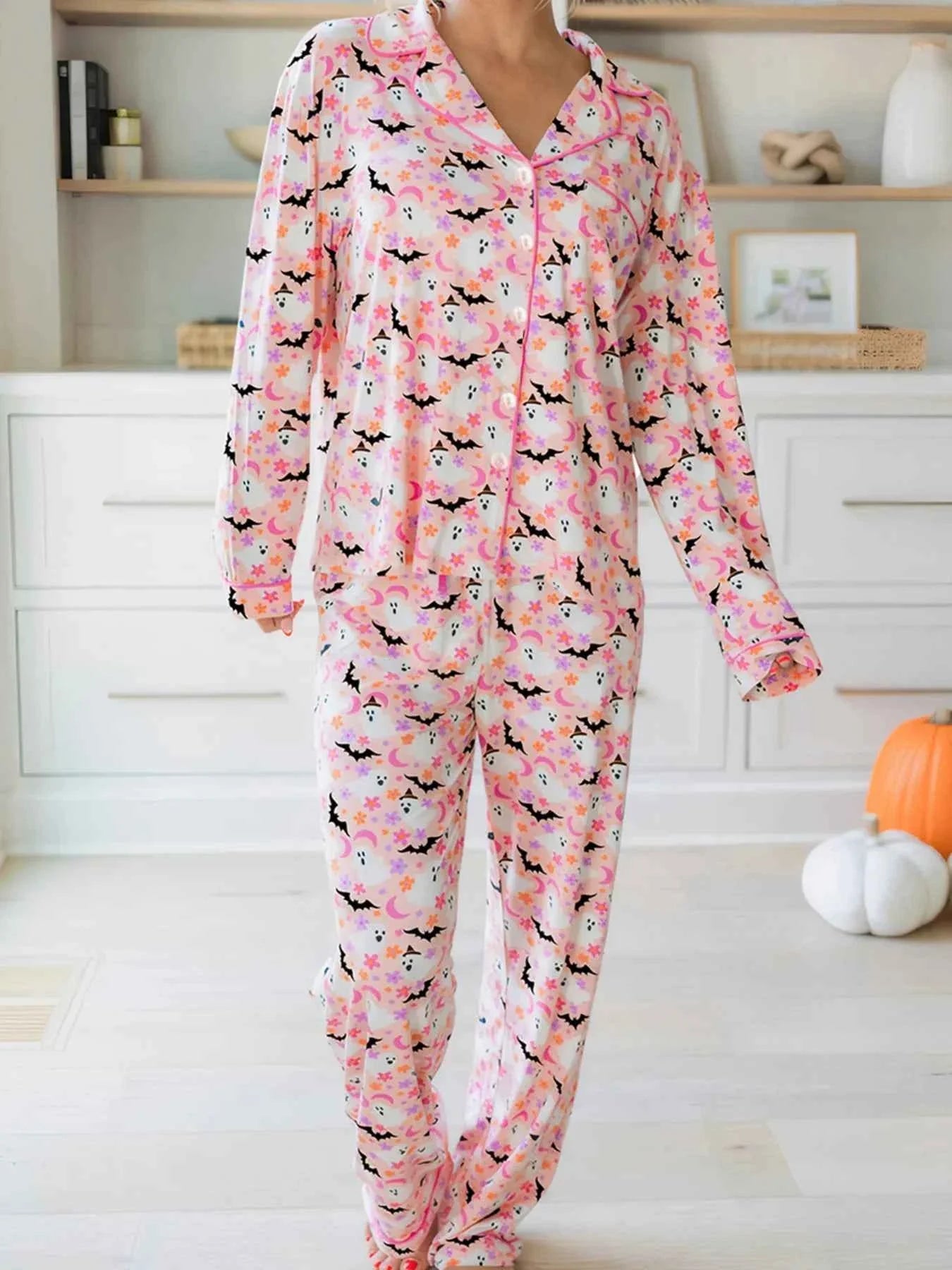 Halloween Ghost Print Button Up Top and Pants Lounge Set Dusty Pink 0e3035a9451146e4821e5089fcdc29eb-Max-Origin