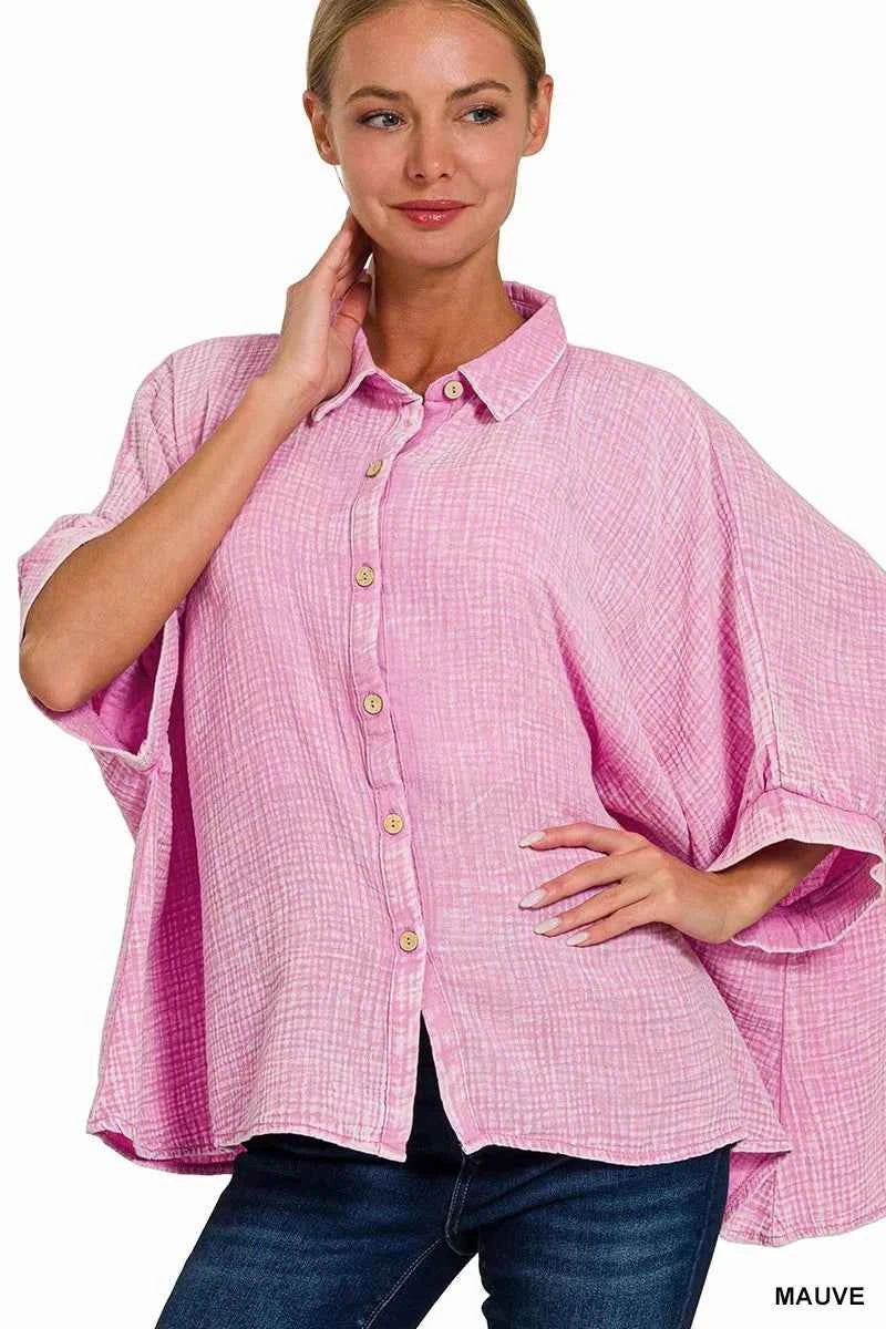 Zenana Washed Double Gauze Button Down Half Sleeve Shirt MAUVE 0e3bcf076e794d10afff4026a16be406-Max-Origin