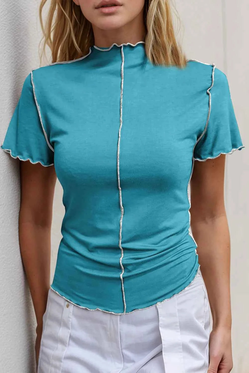 Basic Bae Contrast Trim Mock Neck Short Sleeve T-Shirt Pastel Blue 0e3cfffc-c5d5-4541-a12e-a2b15e5d3eec-Max