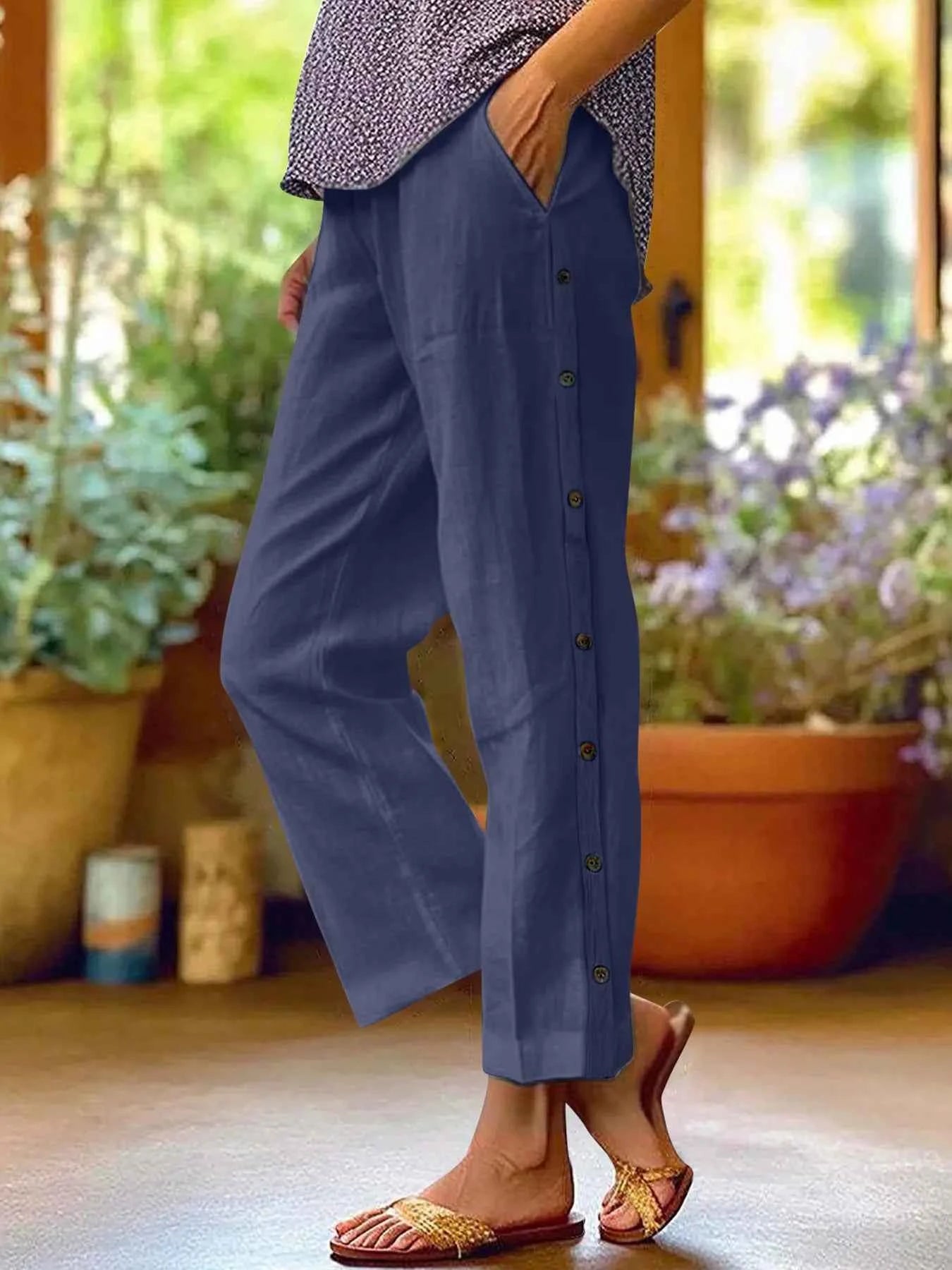 Full Size Side Decor Button Casual Wide Leg Pants Plus Size Navy Blue 0e4ea40fef8743a68a75eb6d39f5aca5-Max-Origin