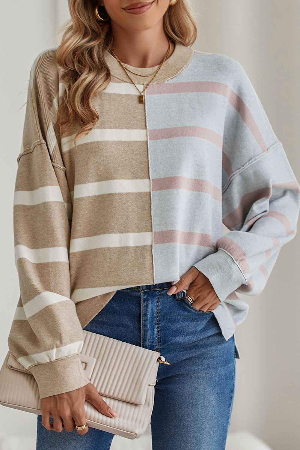 Blue Stripe Exposed Seam Patchwork Loose Sweatshirts 0e6a72400a6e6bdc
