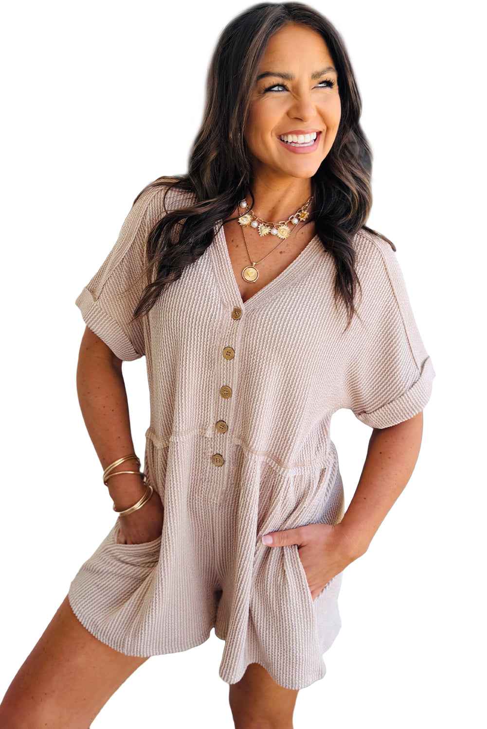 Parchment Corded Short Sleeve V Neck Pocketed Romper 0e6c7012e2be05a2