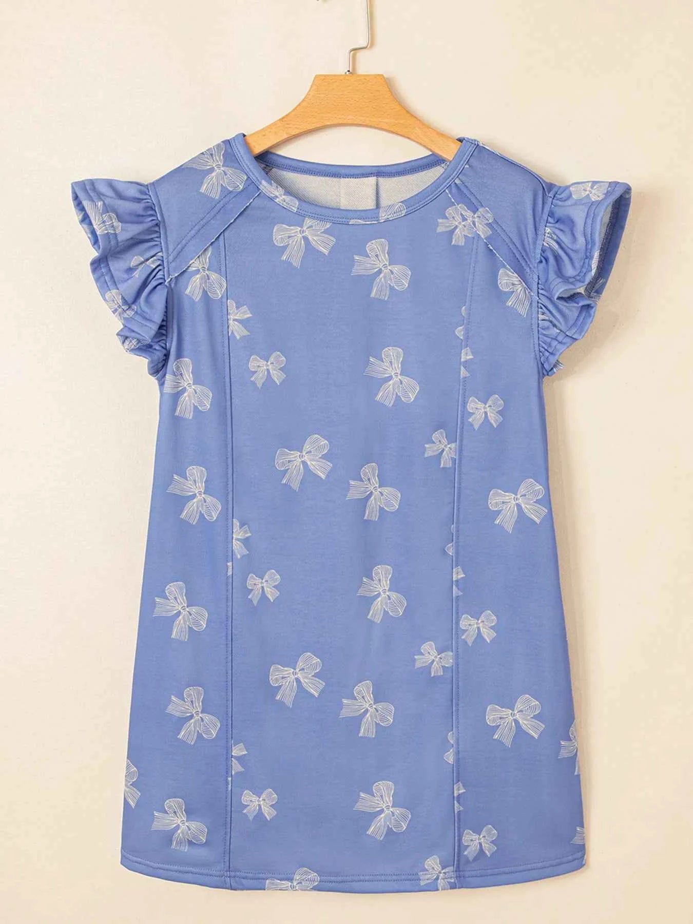 Bow Knot Print Crewneck Ruffled Sleeve Shift Mini Dress 0e702473e1ba4f68aa1cc9e9e25bd06b-Max-Origin