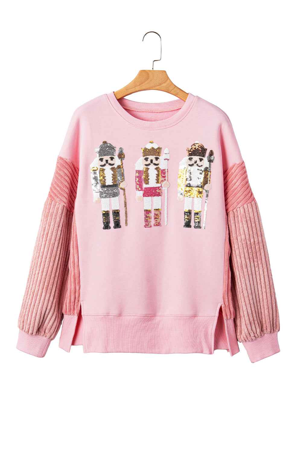 Light Pink Sequin Nutcracker Textured Sleeve Patchwork Sweatshirt 0e8a1f13e6336605