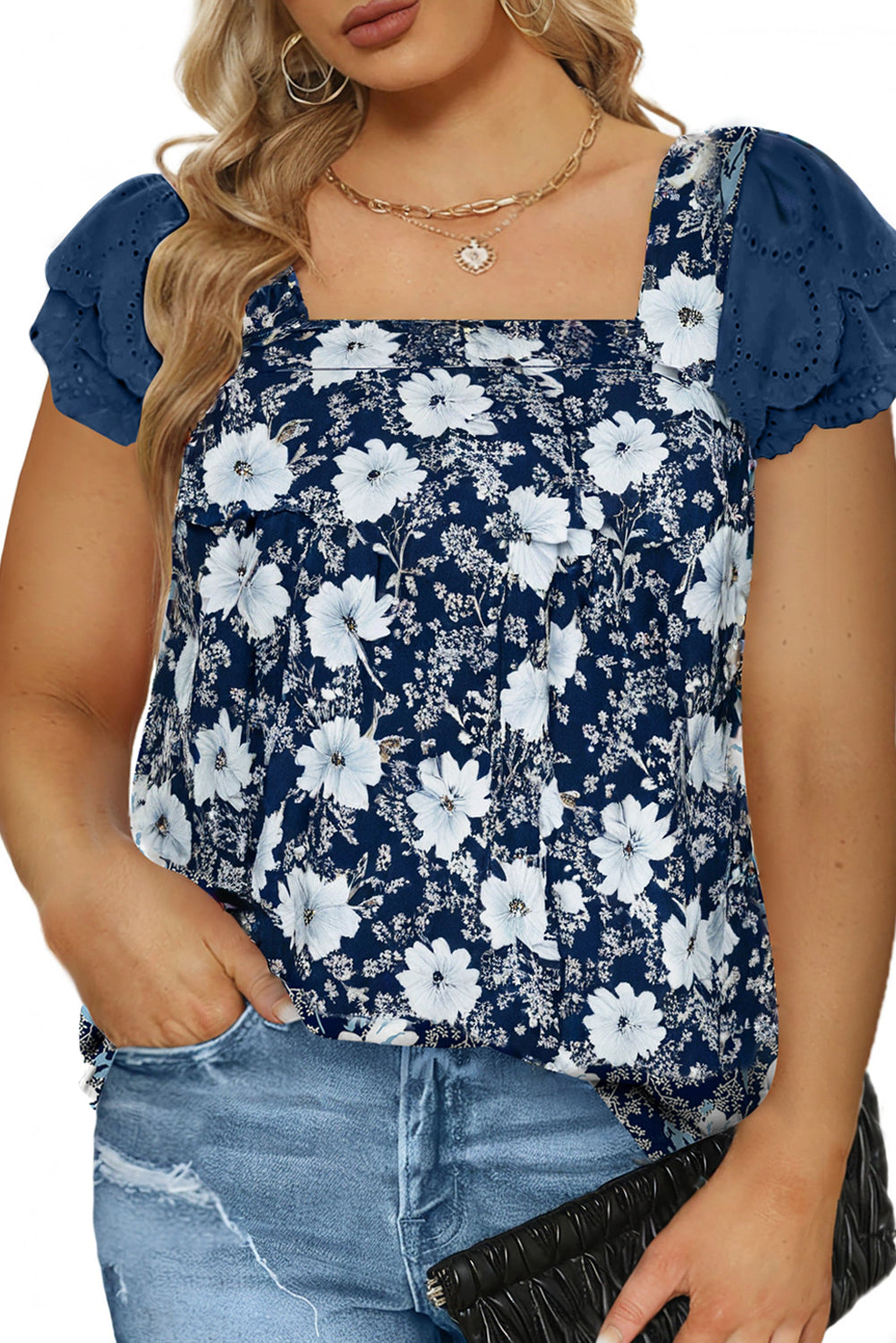 Khaki Floral Patchwork Flowy Sleeve Plus Size Blouse 0e91704551358d30