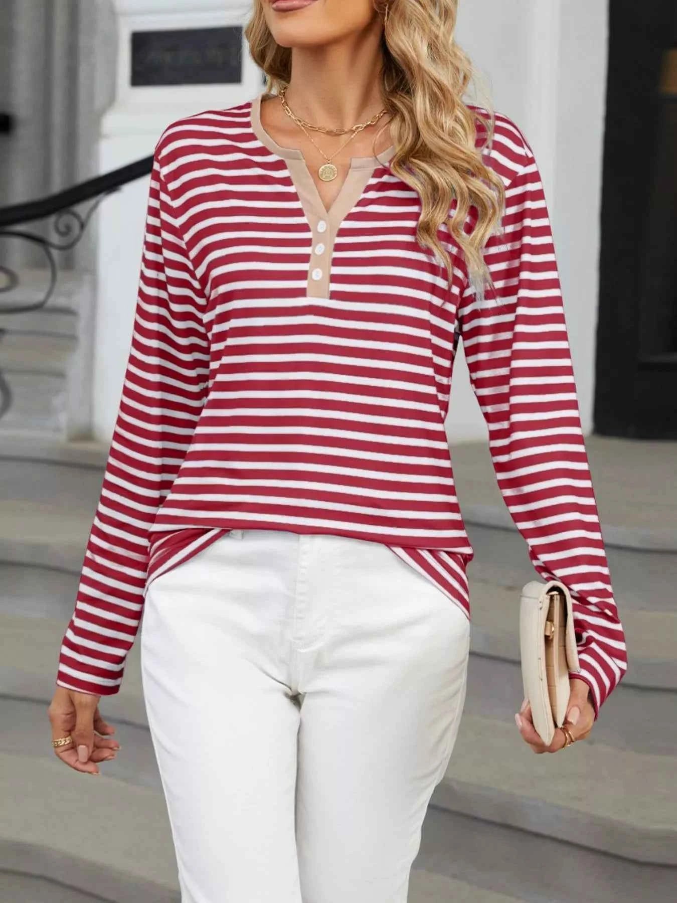 Striped Long Sleeve Henley T-Shirt Red Bar 0e989969-997a-4cc7-9a5a-6482e31b06bf-Max-Origin