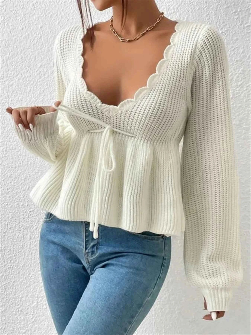 Scalloped V-Neck Drawstring Knit Top 0ea76b416365401b92cb1b7b92cd6675-Max-Origin