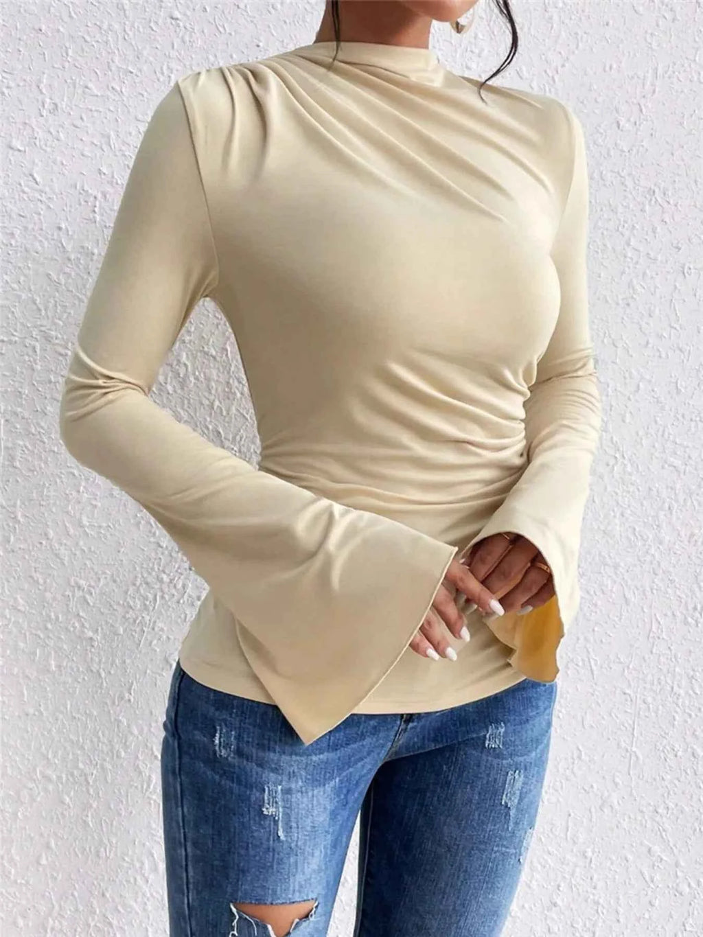 Bell Sleeve Ruched Fitted T-Shirt with Mock Neck 0ea9e95fc0b549e5b1c7a282606e4aa9-Max-Origin