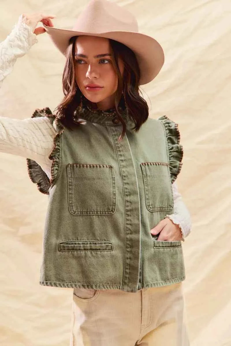 SO ME Washed Denim Stitch Ruffled Hidden Button Vest Top 0eabfff36def4232900cd147778e51ea-Max-Origin
