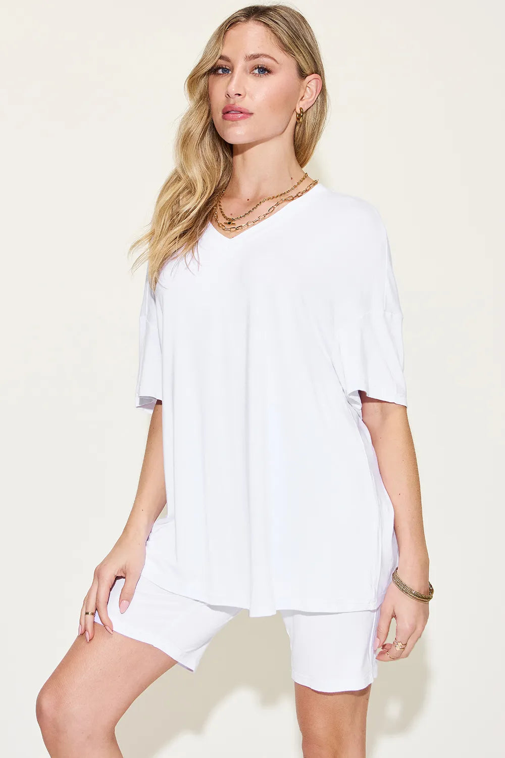 Basic Bae Full Size V-Neck Drop Shoulder T-Shirt and Shorts Set White 0ec6d20a-a733-4764-8590-412c52f9cf4f-Max