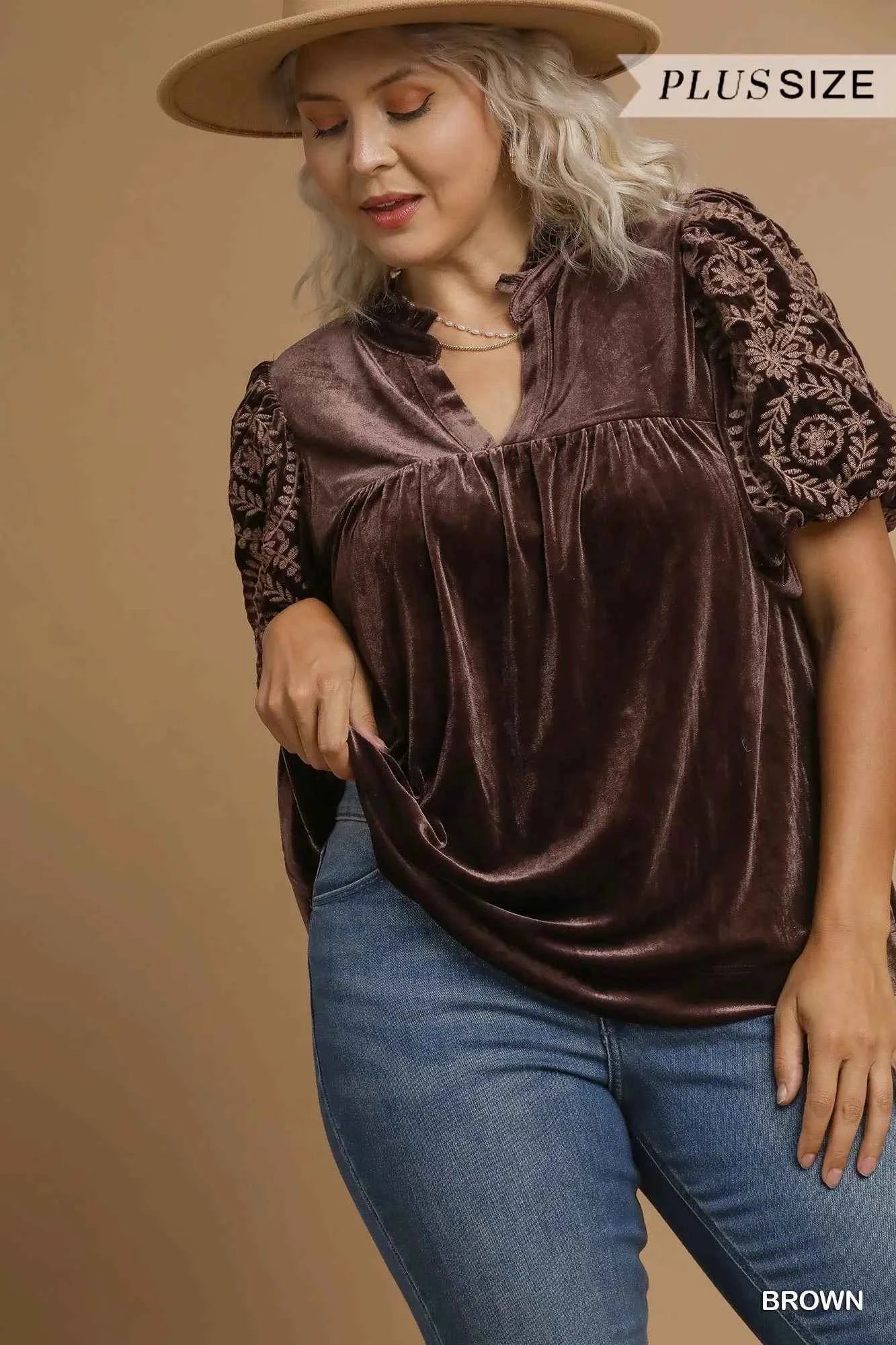 Umgee Full Size Velvet Embroidered Sleeve Blouse Plus Size 0ec76bf9-55b1-40e7-bdec-f1d378a3a92e-Max-Origin