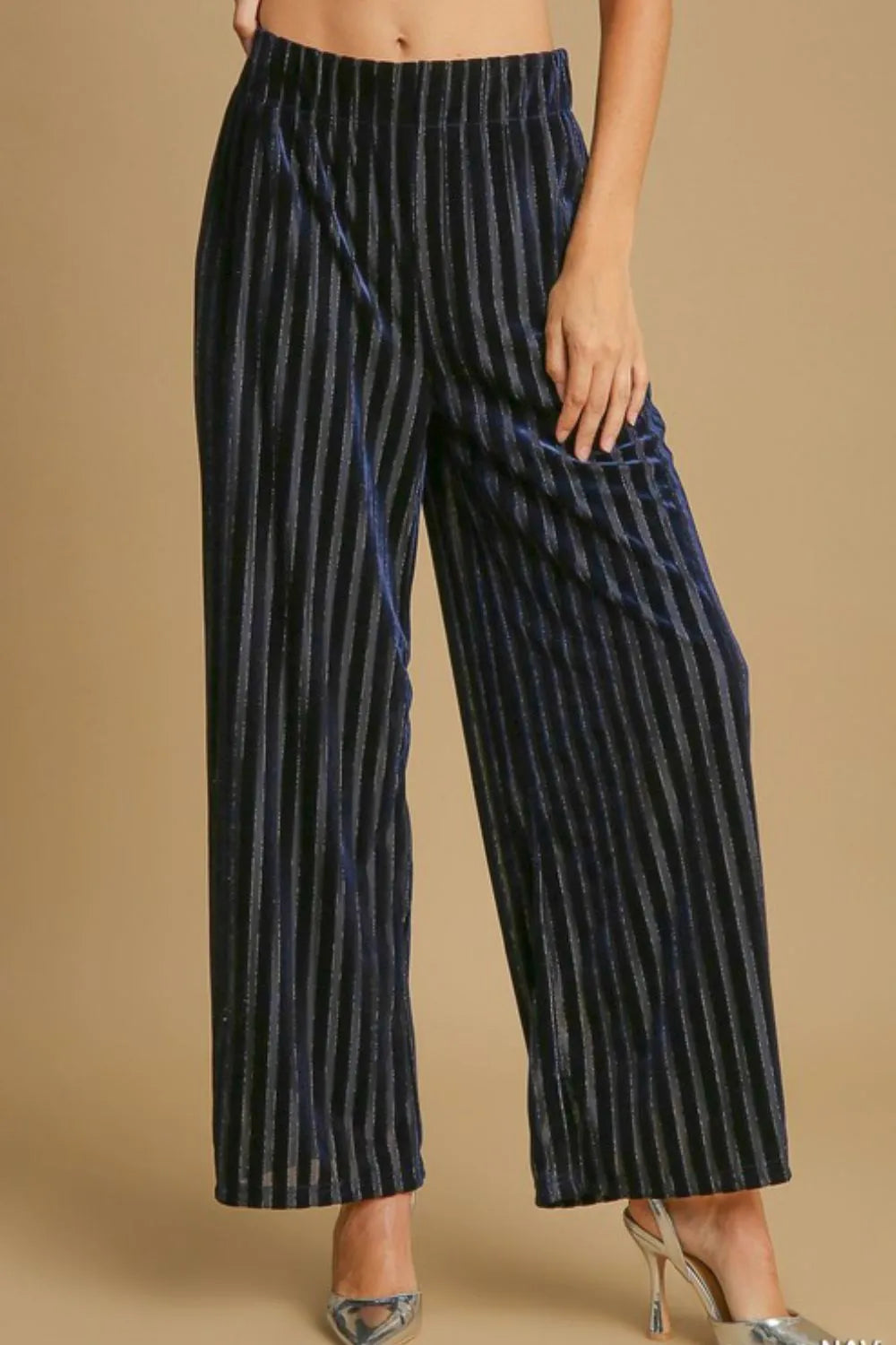 Umgee Full Size Elastic Waist Striped Wide Leg Velvet Pants Navy 0eda77ac-845b-45c8-b83c-b6a4beb641a1-Max